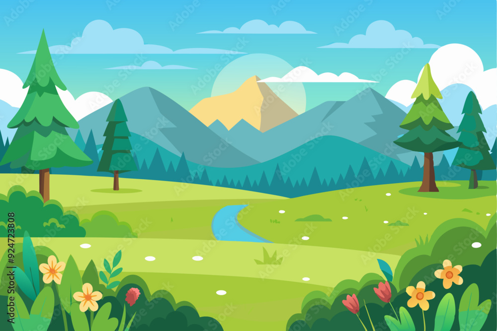 Fototapeta premium Serene Mountain Landscape with Lush Green Meadow and Stream