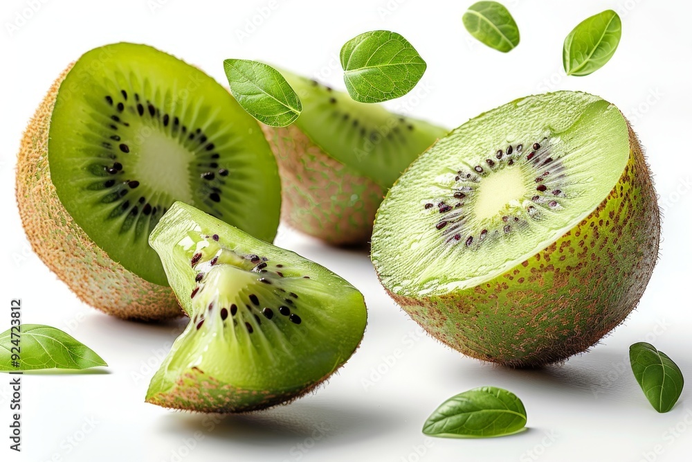 Fototapeta premium Kiwi with half slices floating in the air on white background.