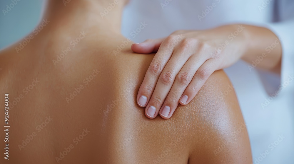 Close-Up of a Hand Gently Resting on a Person's Bare Shoulder, Highlighting Human Connection, Care, and Touch in a Calming and Intimate Setting Close-Up of a Hand Gently Resting on a Person's Bare Shoulder, Highlighting Human Connection, Care, and Touch in a Calming and Intimate Setting