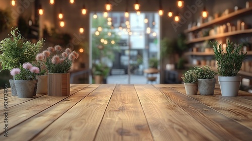 "Foreground Wooden Surface with Out-of-Focus Plants and Bokeh Background