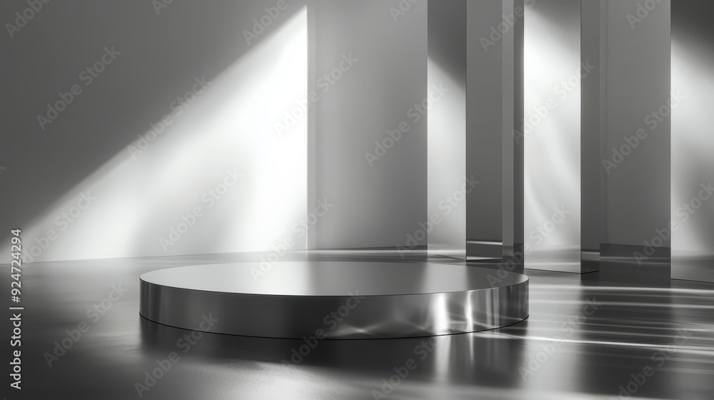 Obraz premium Sleek Chrome Display in Minimalist Room, polished metal and glass showcase for cosmetic product, elegant podium with shiny silver surfaces and soft light reflections