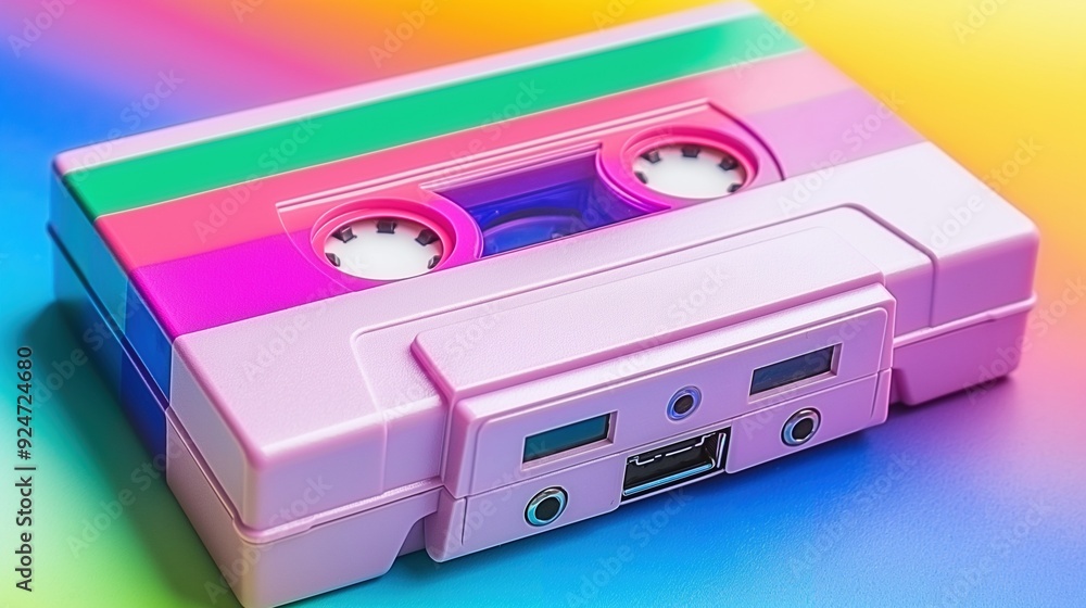 Closeup pink cassette tape with colorful rainbow stripes image. Nostalgic striking design 80s mixtape close up photography. Music memorabilia. Old technology concept photo realistic Closeup pink cassette tape with colorful rainbow stripes image. Nostalgic striking design 80s mixtape close up photography. Music memorabilia. Old technology concept photo realistic