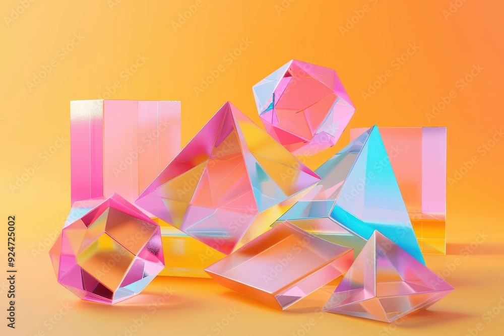 A colorful array of geometric shapes and spheres are floating in the air A colorful array of geometric shapes and spheres are floating in the air