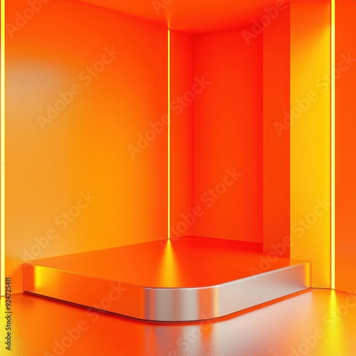 Vivid Orange Podium Display for Future Pop Cosmetics, showcasing a glossy platform with neon yellow and silver accents in a modern, empty room setting. photo