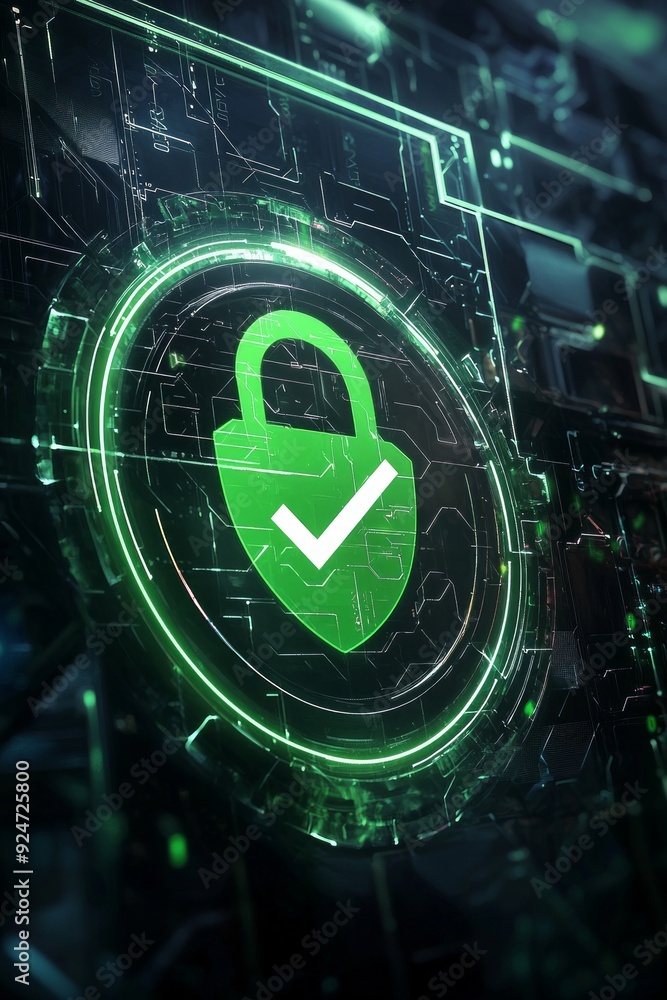A digital lock icon with a green checkmark, surrounded by a circular shield, indicating verified security. A digital lock icon with a green checkmark, surrounded by a circular shield, indicating verified security.