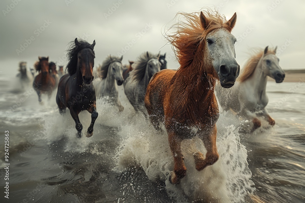 Fototapeta premium Horses galloping on the ocean shore.