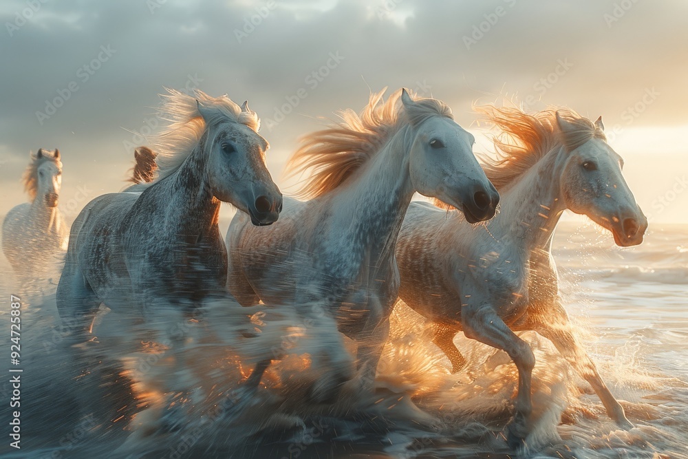 Horses galloping on the ocean shore.