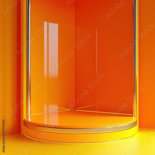 Vivid Orange Future Pop Display, an empty room corner showcasing a cosmetic product on a glossy podium, featuring bright orange with neon yellow and silver accents. photo