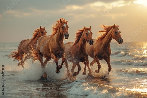 Horses galloping on the ocean shore.