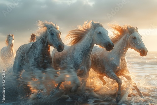 Horses galloping on the ocean shore.