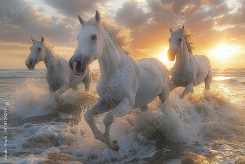 Horses galloping on the ocean shore.