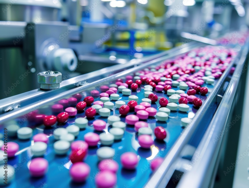 Obraz premium Capsules and tablets on a production line in a pharmaceutical manufacturing facility