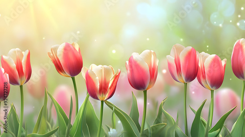 Colorful tulips blooming in a garden during spring, featuring a mix of pink, red, and yellow flowers photo