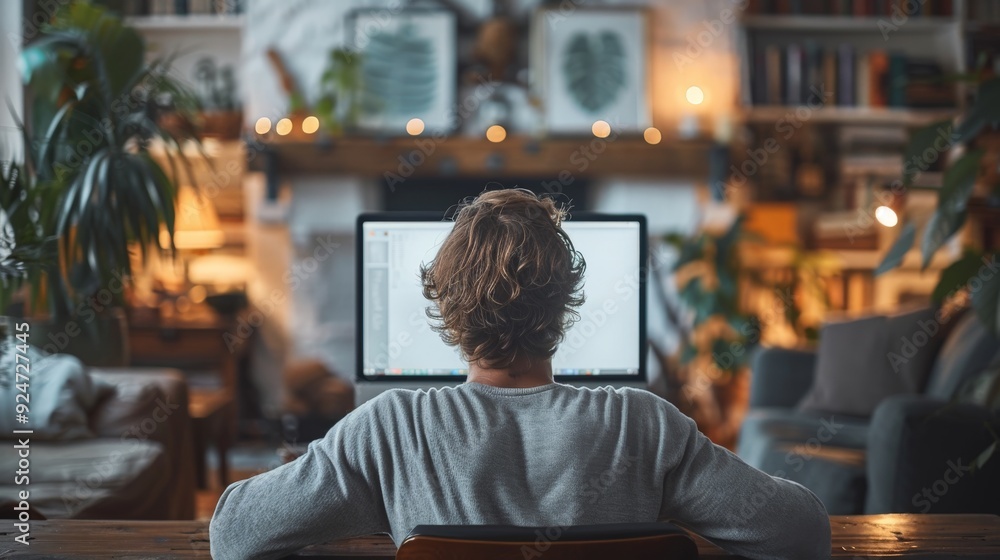 Over shoulder shot of a young man using computer laptop in front of an blank white computer screen in home. Over shoulder shot of a young man using computer laptop in front of an blank white computer screen in home.