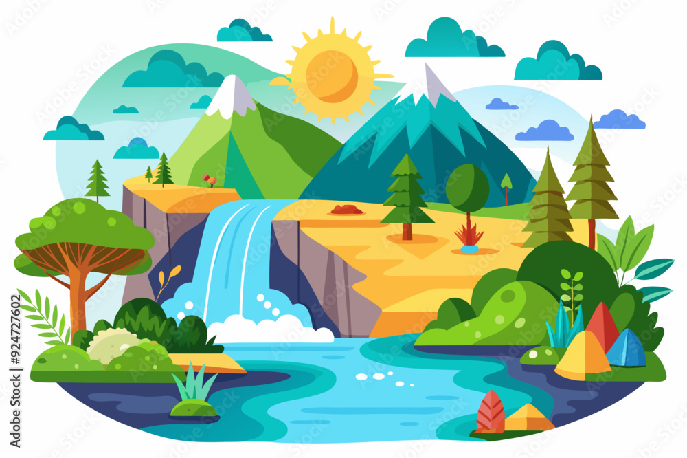 Idyllic Mountain Landscape with Waterfall and Camping Tents Idyllic Mountain Landscape with Waterfall and Camping Tents