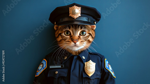 A cat in a police uniform with a badge and hat displays a serious demeanor