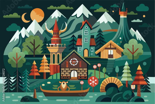 A Fantasy Village Nestled Among Mountains and a Towering Spire