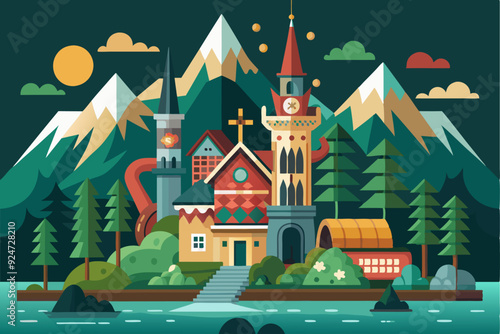 A Colorful, Stylized Village Nestled Amongst Mountain Peaks