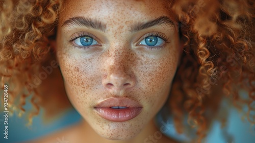 A close-up portrait of a young woman with striking blue eyes and vibrant, curly red hair showcasing her freckles at sunset. Generative AI