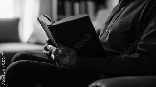 Black and White Photo of a Person Reading a Book