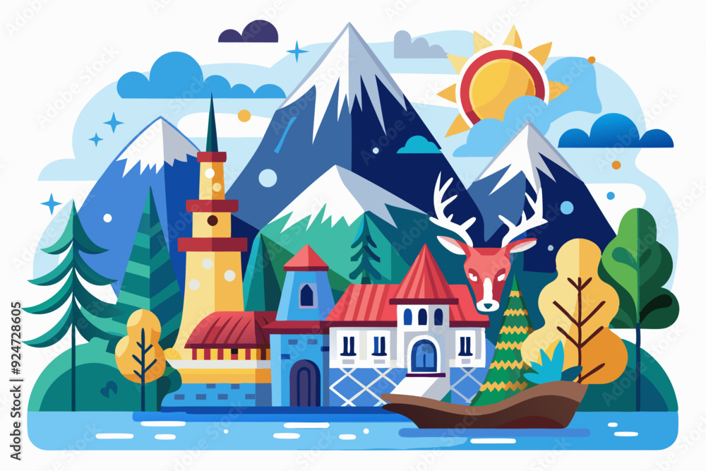 A village nestled between snow-capped mountains, with a deer in the foreground. A village nestled between snow-capped mountains, with a deer in the foreground.