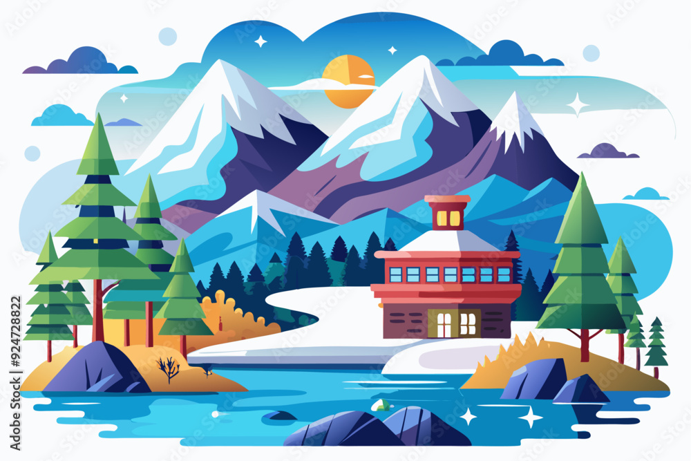 A Cozy Cabin Nestled in a Snowy Mountain Valley with a Clear Blue River A Cozy Cabin Nestled in a Snowy Mountain Valley with a Clear Blue River