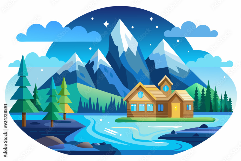 Naklejka premium Nighttime View of a Wooden Cabin Nestled in a Mountain Valley