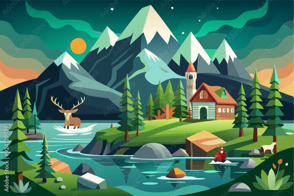 A Deer Stands in a Lake Near a Cottage and Snowy Mountains A Deer Stands in a Lake Near a Cottage and Snowy Mountains