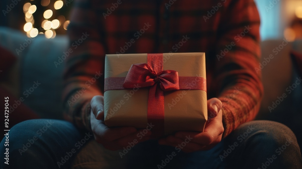 Person Holding a Wrapped Gift with a Red Ribbon Person Holding a Wrapped Gift with a Red Ribbon