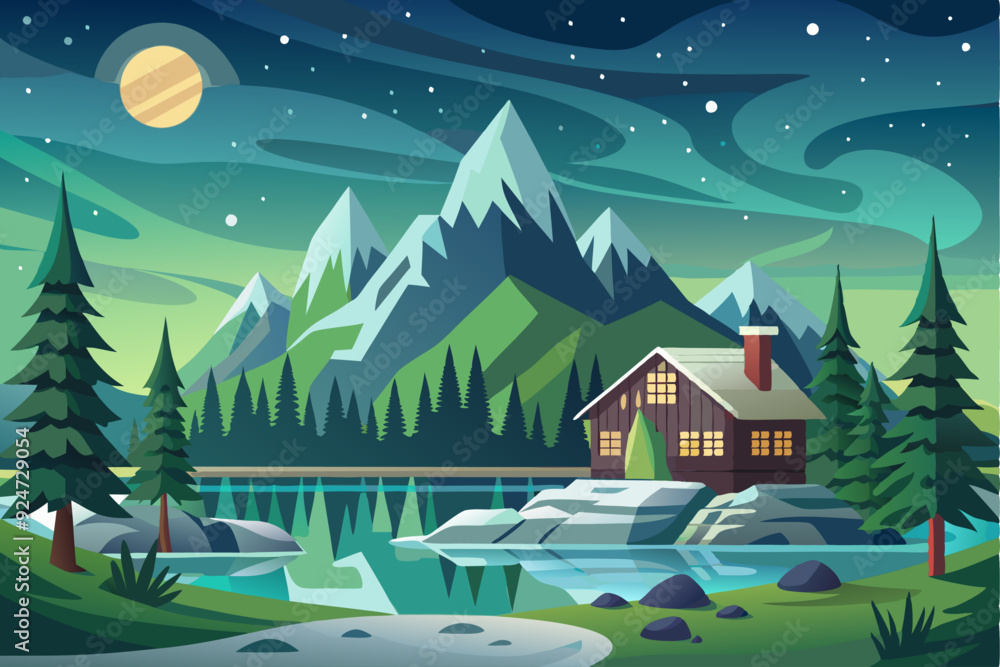 Fototapeta premium Cabin nestled amongst snowy mountains and a tranquil river at night