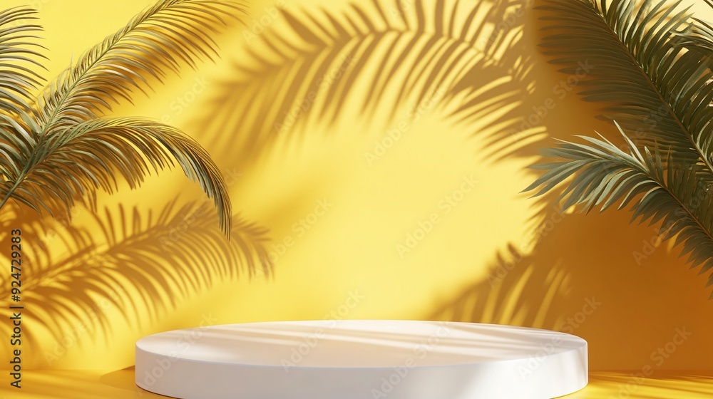 Blank white podium or pedestal display set against a vibrant yellow summer background, with a minimalistic design for product presentation Blank white podium or pedestal display set against a vibrant yellow summer background, with a minimalistic design for product presentation