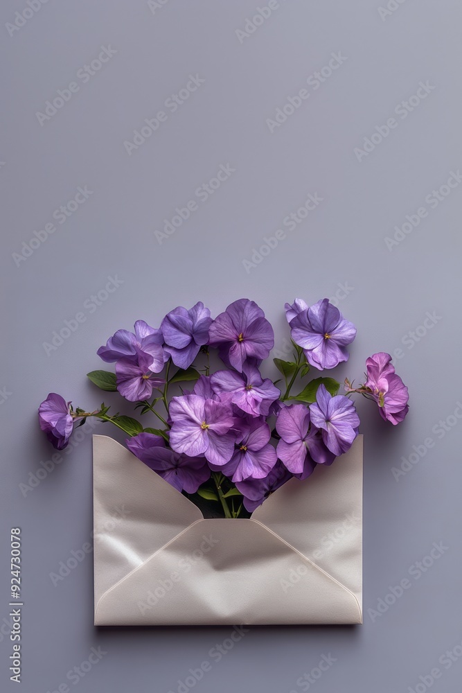 Top view of an open envelope with purple flowers coming out. Top view of an open envelope with purple flowers coming out.