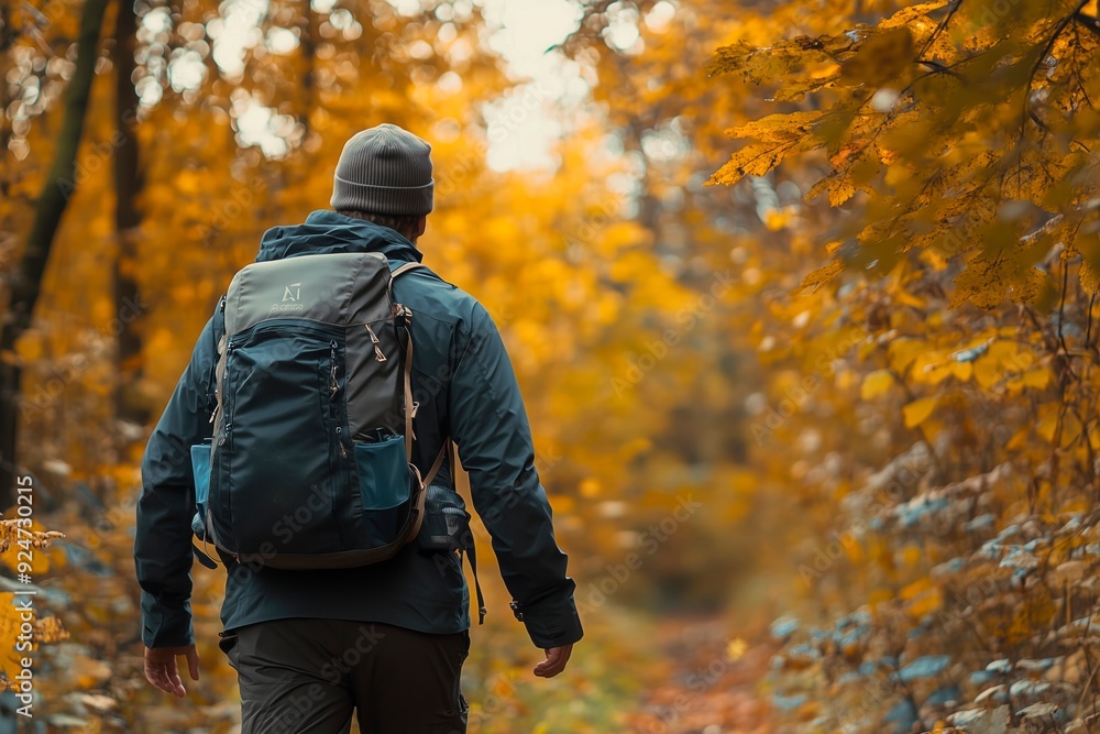 Hiker exploring a serene forest trail during autumn near colorful trees, copy space for text, hiking trip, hiking sport Hiker exploring a serene forest trail during autumn near colorful trees, copy space for text, hiking trip, hiking sport
