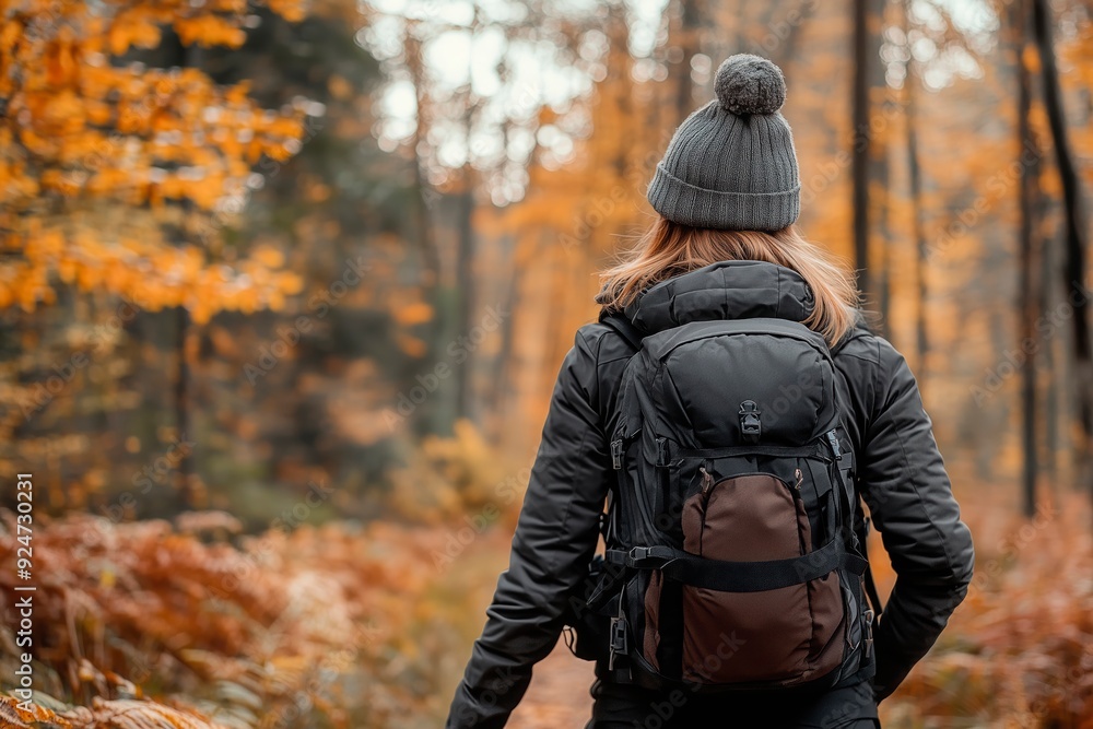 A hiker explores an autumn forest trail surrounded by colorful foliage in a serene outdoor setting, copy space for text, hiking trip, hiking sport A hiker explores an autumn forest trail surrounded by colorful foliage in a serene outdoor setting, copy space for text, hiking trip, hiking sport