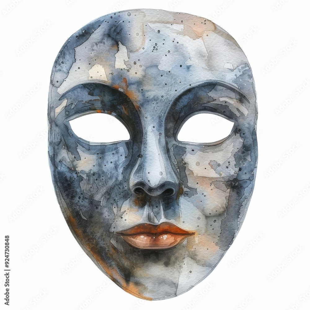 Naklejka premium A Greek tragedy mask, theatrical face cover, watercolor style, isolated on white background