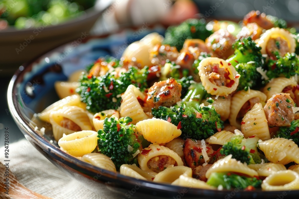 A vibrant dish of pasta with broccoli and meatballs, garnished with herbs and spices. A vibrant dish of pasta with broccoli and meatballs, garnished with herbs and spices.