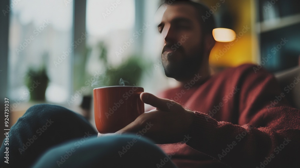 Man Relaxing with a Hot Drink by the Window Man Relaxing with a Hot Drink by the Window