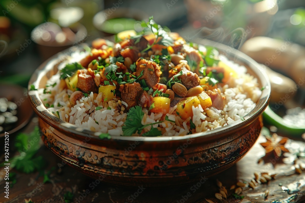 A vibrant dish of rice topped with meat, fruits, and herbs, showcasing culinary artistry. A vibrant dish of rice topped with meat, fruits, and herbs, showcasing culinary artistry.