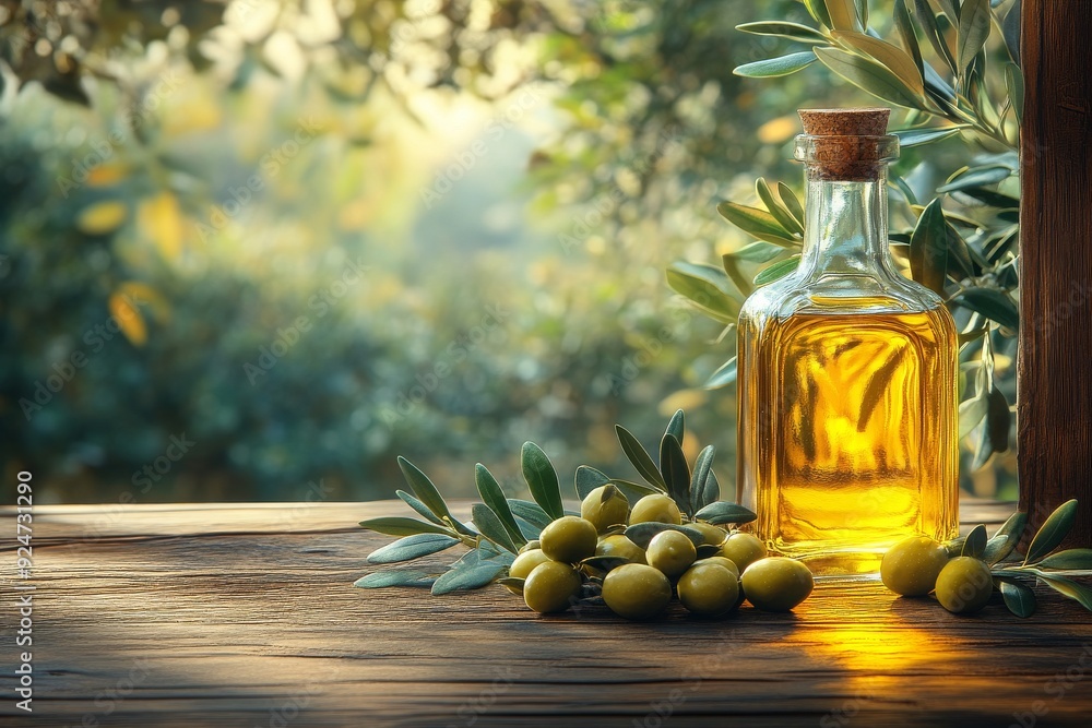 Olive oil and branch on the wooden table. Generative AI Olive oil and branch on the wooden table. Generative AI
