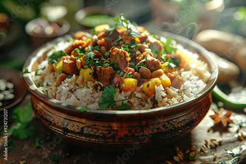 A vibrant dish of rice topped with meat, fruits, and herbs, showcasing culinary artistry.