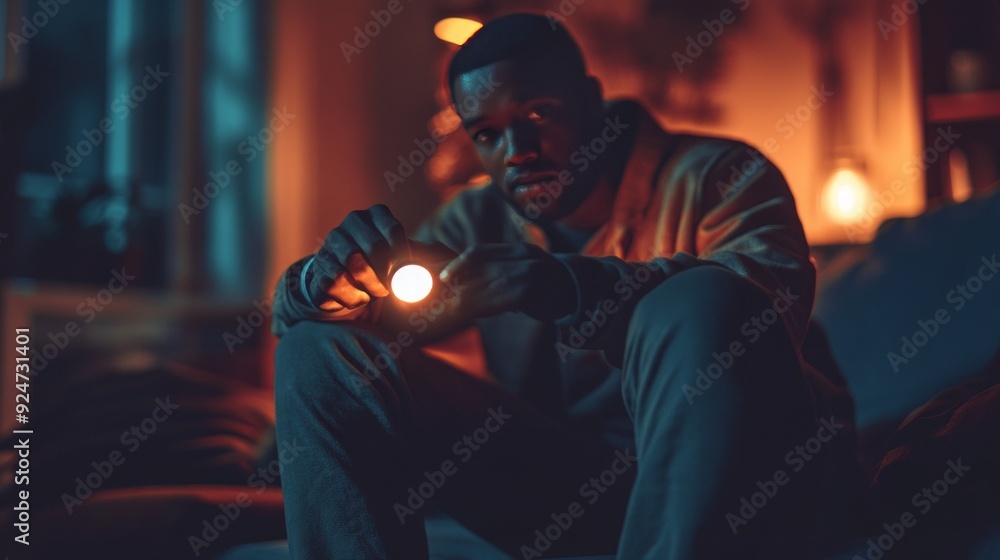 Man Holding Flashlight in Dark Room - Mystery and Suspense Man Holding Flashlight in Dark Room - Mystery and Suspense