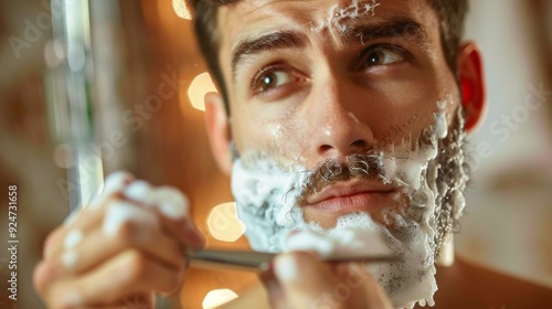 Grooming Routine - Handsome Man Shaving Beard with Razor in Front of Mirror, Shaving Foam Around Mouth