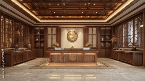 Wallpaper Mural A luxurious wooden reception area with elegant decor, showcasing a harmonious blend of traditional and modern design elements. Torontodigital.ca