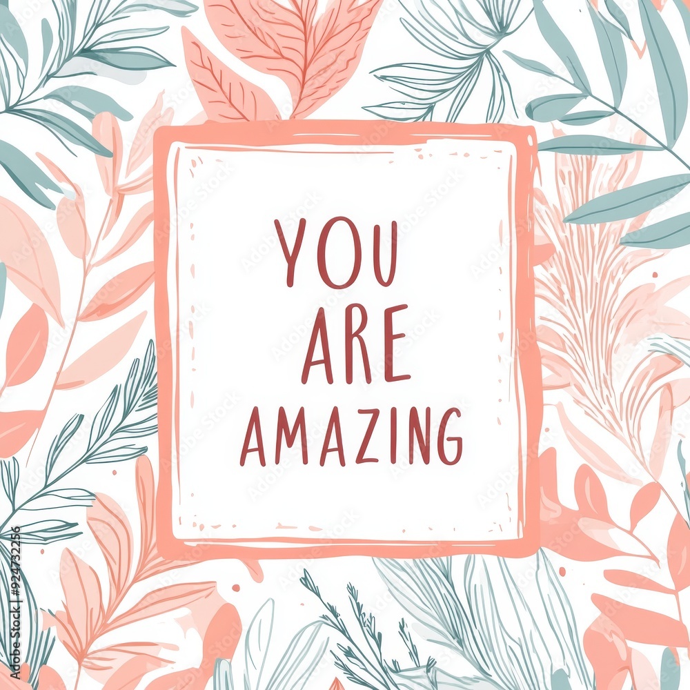 Obraz premium Print, template for printing on textiles, objects, watercolor drawing in the form of a frame of tropical leaves on a white background with an inscription, text, slogan “you are amazing” in blue, pink 