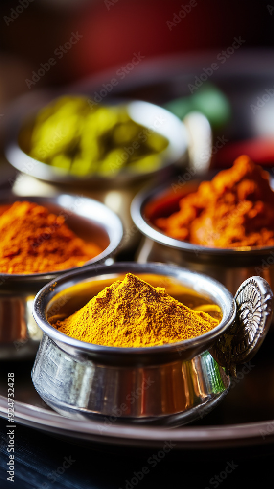 colorful curry paste in a indian metallic pots colorful curry paste in a indian metallic pots