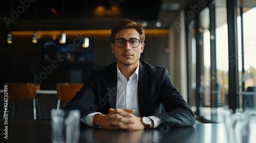 A confident businessman with glasses, wearing a black suit and white shirt, sitting at a conference table.