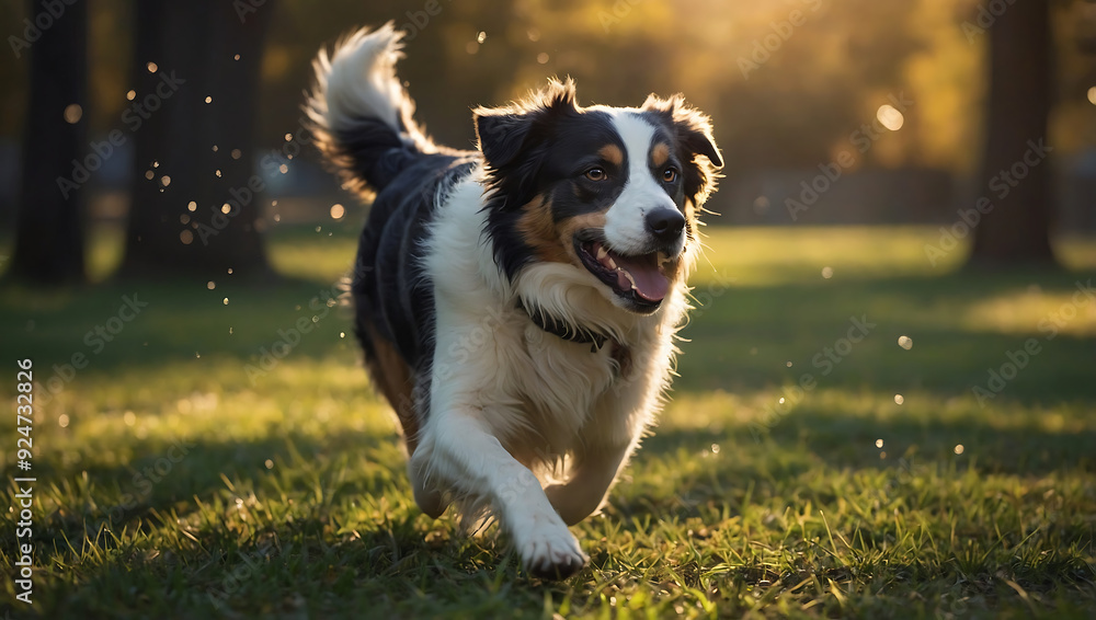 Playful black and white Border Collie puppy, curious eyes and tongue out, posing on green grass Playful black and white Border Collie puppy, curious eyes and tongue out, posing on green grass