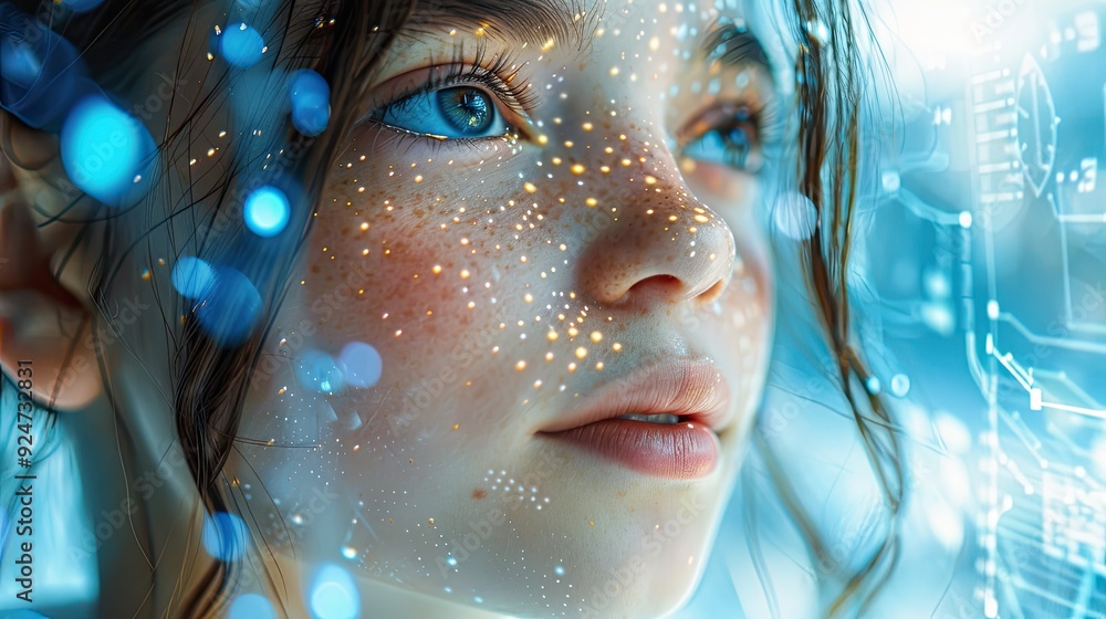 Portrait of young girl in front of a computer screen with binary code on it, digital code overlay, ai learning, data and technology future, digital tech education, cybersecurity and digital marketing