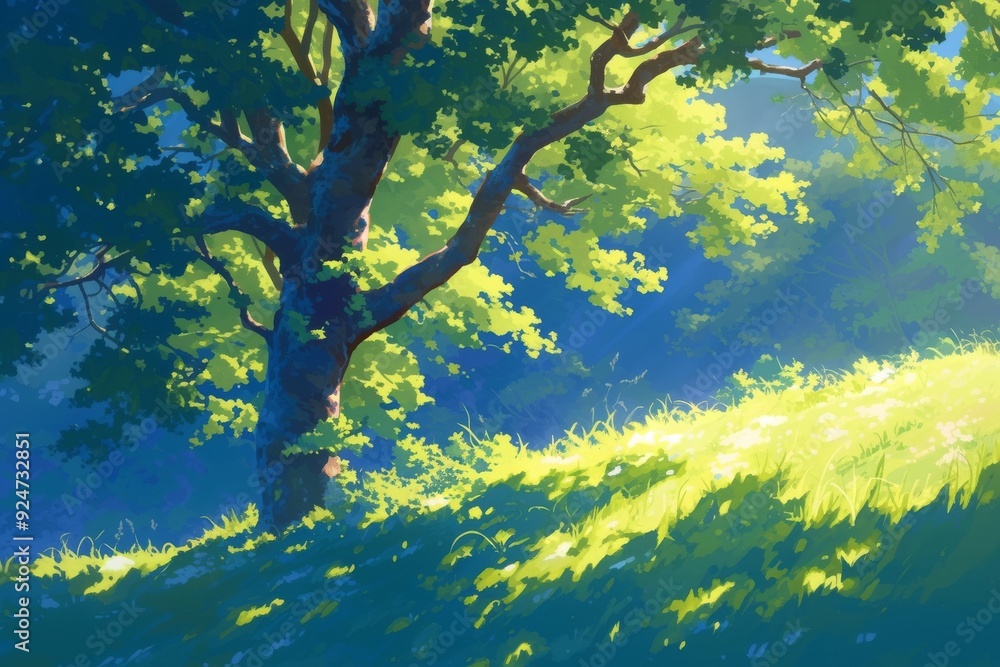 Fototapeta premium Sunlight shining through a large tree in a grassy field. Ideal image for nature, environment, summer, spring, or tranquility.