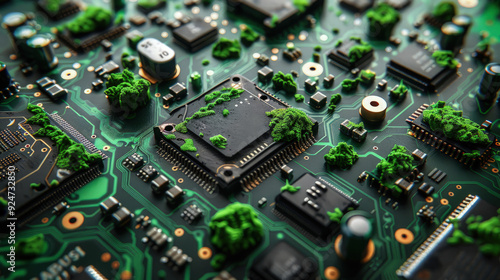 Circuit board microchips with green backlight. Nanotechnology sustainable background.